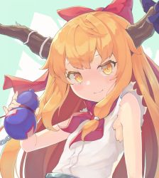 Rule 34 | 1girl, bow, chain, commentary, gourd, green background, hair bow, highres, holding, horn ornament, horn ribbon, horns, ibuki suika, long hair, looking at viewer, nano (mianhua maoqiu), orange hair, purple ribbon, red bow, red neckwear, ribbon, shirt, sleeveless, sleeveless shirt, smile, solo, torn clothes, torn sleeves, touhou, upper body, white shirt, yellow eyes