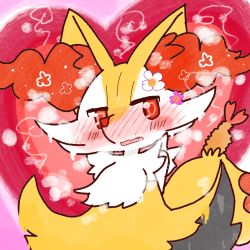 Rule 34 | animal ear fluff, annyui, arms behind back, blush, braixen, commentary request, creatures (company), embarrassed, fang, flower, full-face blush, game freak, gen 6 pokemon, hair flower, hair ornament, highres, looking at viewer, nintendo, parted lips, pokemon, pokemon (creature), red eyes, solo