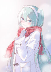 Rule 34 | 1girl, absurdres, adjusting scarf, awai uta, blue eyes, blue hair, blue nails, blush, coat, duffel coat, earmuffs, enpera, grey background, grey sweater, hair between eyes, hair ornament, hatsune miku, highres, long hair, long sleeves, looking at viewer, open mouth, plaid, plaid scarf, pom pom (clothes), pom pom hair ornament, red scarf, scarf, smile, solo, sweater, twintails, upper body, very long hair, vocaloid, white coat, winter, winter clothes
