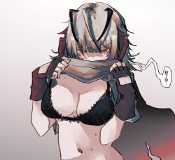 Rule 34 | 1girl, ahoge, antenna hair, arknights, black bra, black gloves, black hair, blush, bra, breasts, chinese text, cleavage, clothes lift, commentary, covered mouth, demon horns, embarrassed, fingerless gloves, furrowed brow, gloves, gradient background, grey background, hair between eyes, highres, horns, lace, lace-trimmed bra, lace trim, large breasts, lifted by self, looking down, multicolored hair, navel, red scarf, scarf, shirt lift, short hair, silver hair, simple background, solo, stomach, streaked hair, sweat, sweatdrop, two-tone hair, underwear, upper body, w (arknights), yellow eyes, zongchi