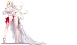 Rule 34 | 1girl, absurdres, ahoge, akino sora, anklet, ass, bare legs, barefoot, bikini, blonde hair, bracelet, butt crack, cameltoe, clothing aside, curly hair, dress, dress aside, fate/grand order, fate (series), from behind, full body, green eyes, hair intakes, hand on own hip, highres, jewelry, kneepits, legs, long hair, long legs, looking back, nero claudius (fate), nero claudius (fate) (all), nero claudius (swimsuit caster) (fate), nero claudius (swimsuit caster) (third ascension) (fate), ponytail, side-tie bikini bottom, simple background, smug, soles, solo, standing, striped bikini, striped clothes, swimsuit, white background, white dress
