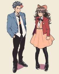 Rule 34 | 1boy, 1girl, bad id, bad twitter id, black hair, blazer, bow, brown hair, dress, edward the blue engine, freckles, full body, grey background, hair bow, hair slicked back, hands in pockets, height difference, highres, jacket, kendy (revolocities), long hair, multicolored hair, necktie, orange eyes, pantyhose, personification, red eyes, ribbon, rosie the tank engine, scar, school uniform, short hair, simple background, smile, streaked hair, striped necktie, striped neckwear, thomas the tank engine, uniform