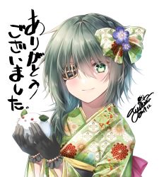Rule 34 | 1girl, absurdres, alternate costume, bad id, bad pixiv id, black gloves, blush, bow, eyepatch, floral print, gloves, green eyes, green hair, hair between eyes, hair bow, highres, japanese clothes, kantai collection, kimono, kiso (kancolle), looking at viewer, short hair, smile, solo, translation request, yuihira asu, yukata