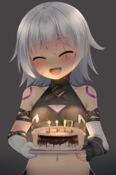 Rule 34 | 1girl, :d, ^ ^, bandaged arm, bandages, bare shoulders, birthday cake, black gloves, black shirt, blush, burning, cake, candle, candlelight, closed eyes, facial scar, facing viewer, fang, fate/grand order, fate (series), fingerless gloves, fire, food, gloves, grey background, head tilt, holding, holding tray, jack the ripper (fate/apocrypha), navel, open mouth, puririn, scar, scar across eye, scar on cheek, scar on face, shirt, silver hair, simple background, single glove, sleeveless, sleeveless shirt, smile, solo, tray, upper body
