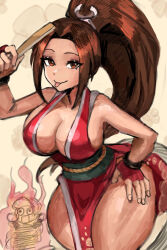 1girl arm_up arms_up blush breasts burning bursting_breasts cleavage constricted_pupils curvy fatal_fury fingerless_gloves fire gloves half-closed_eyes hand_fan hand_on_own_hip highres japanese_clothes large_breasts legs long_hair looking_at_viewer open_mouth outstretched_arm pelvic_curtain ponytail red_eyes red_hair ribbon saiykik shiranui_mai sideboob smile snk solo terry_bogard the_king_of_fighters thick_thighs thighs tongue tongue_out wide-eyed