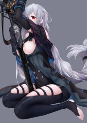 Rule 34 | 1girl, absurdly long hair, absurdres, arknights, black bracelet, black gloves, black jacket, black shirt, black shorts, breasts, breasts out, elbow gloves, gloves, grey background, grey hair, highres, infection monitor (arknights), jacket, long hair, looking at viewer, low-tied long hair, medium breasts, nipples, open clothes, open jacket, planted, planted sword, planted weapon, red eyes, seiza, shirt, shorts, simple background, sitting, skadi (arknights), skadi (elite ii) (arknights), solo, sword, thigh strap, thighs, very long hair, weapon, xo (xo17800108)
