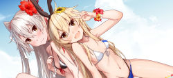 Rule 34 | 2girls, :d, absurdres, amatsukaze (kancolle), bikini, blonde hair, blue sky, blush, breasts, brown eyes, closed mouth, day, dutch angle, fang, flower, flower bracelet, front-tie bikini top, front-tie top, gluteal fold, hair between eyes, hair flower, hair ornament, hibiscus, highres, kantai collection, layered bikini, looking at viewer, multiple girls, navel, open mouth, outdoors, shimakaze (kancolle), silver hair, sky, small breasts, smile, sweat, swimsuit, takanashi kei (hitsujikan), two side up, v