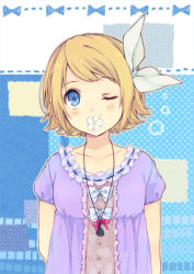 Rule 34 | 1girl, arms behind back, bad id, bad pixiv id, blonde hair, blue eyes, blush, bow, collarbone, flower, hair bow, jewelry, kagamine rin, mouth hold, necklace, ousaka nozomi, short hair, solo, vocaloid, wink