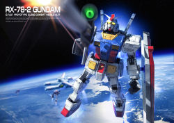 Rule 34 | 3d, aiming, aiming at viewer, beam rifle, character name, commentary, earth (planet), earth federation, energy gun, english commentary, english text, firing, glowing, glowing eyes, gundam, highres, in orbit, mecha, michaellee4, mobile suit, mobile suit gundam, motion blur, planet, realistic, robot, rx-78-2, science fiction, scope, shield, spacecraft, weapon, white base, zero gravity
