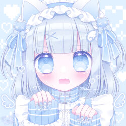 Rule 34 | 1girl, @ @, animal ears, blue background, blue eyes, blue hairband, blush, cat day, cat ears, commentary request, fang, frilled hairband, frills, grey hair, hair ornament, hairband, hairclip, hands up, heart, highres, himetsuki luna, jersey maid, long sleeves, looking at viewer, maid, nail art, open mouth, original, pinching sleeves, pixelated, puffy long sleeves, puffy sleeves, sleeves past wrists, solo, sweat, twitter username, unconventional maid, upper body, wing hair ornament, x hair ornament