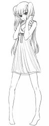 Rule 34 | 1girl, bleach, blush, breasts, dokugamine riruka, dress, full body, greyscale, hanya (hanya yashiki), hat, highres, legs, lineart, long hair, looking at viewer, monochrome, nightgown, simple background, sketch, small breasts, solo, standing, twintails, white background
