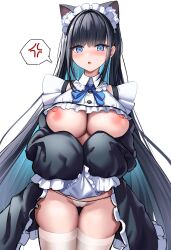 Rule 34 | 1girl, :o, anger vein, animal ear fluff, animal ears, apron, apron lift, black hair, blue eyes, blush, breasts, cat ears, cat girl, center frills, center opening, cleavage, clothes lift, commentary request, cowboy shot, frilled apron, frills, gu luco, highres, large breasts, lifted by self, long hair, long sleeves, looking at viewer, maid apron, maid headdress, nipples, nose blush, original, panties, puffy long sleeves, puffy sleeves, simple background, skindentation, sleeves past fingers, sleeves past wrists, solo, spoken anger vein, thick thighs, thighhighs, thighs, underboob, underwear, very long hair, white apron, white background, white headdress, white headwear, white panties, white thighhighs