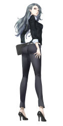 Rule 34 | 1girl, absurdres, arched back, ass, belt, black shirt, breasts, brown eyes, earrings, folder, hair behind ear, hair ornament, highres, jewelry, long hair, looking back, niijima sae, ozkh, pants, pantylines, persona, persona 5, shirt, silver hair, solo, tight clothes, tight pants