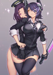 Rule 34 | 10s, 2girls, black gloves, blush, grabbing another&#039;s breast, cardigan, checkered clothes, checkered necktie, checkered neckwear, evan yang, eyepatch, gloves, grabbing, grabbing from behind, gradient background, hair intakes, halo, headgear, highres, kantai collection, long hair, mechanical halo, multiple girls, necktie, parted lips, pleated skirt, purple eyes, purple hair, short hair, single glove, skirt, smile, sparkle, sword, tatsuta (kancolle), tenryuu (kancolle), thighhighs, weapon, yellow eyes, yuri, zettai ryouiki