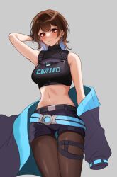 Rule 34 | 1girl, arm behind head, bare shoulders, belt, black shorts, black survival, blush, brown hair, charon (duddnd2361), closed mouth, commentary request, crop top, estelle (black survival), eternal return: black survival, grey background, highres, jacket, jacket partially removed, korean commentary, medium hair, midriff, navel, pantyhose, red eyes, shorts, simple background, sleeveless, sleeveless turtleneck, smile, solo, stomach, turtleneck, two-sided fabric, two-sided jacket