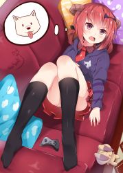 Rule 34 | 10s, 1girl, :3, artist name, bat hair ornament, black socks, cloud print, collared shirt, controller, couch, cross, cross print, demon girl, demon horns, dog, dog (gabriel dropout), fang, from above, full body, gabriel dropout, game controller, hair between eyes, hair ornament, hair rings, highres, hood, hoodie, horns, inverted cross, kneehighs, long sleeves, lying, nahaki, necktie, on back, open mouth, orange hair, panties, pillow, pink eyes, pleated skirt, red necktie, red skirt, satanichia kurumizawa mcdowell, shirt, short necktie, signature, sin-poi, skirt, socks, solo, stuffed animal, stuffed rabbit, stuffed toy, thought bubble, tongue, tongue out, underwear, white panties, wing collar, | |