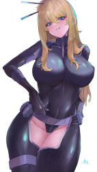 Rule 34 | 1girl, belt, blonde hair, blue eyes, bodysuit, breasts, covered erect nipples, hair between eyes, heart, kataku musou, large breasts, leotard, long hair, looking at viewer, nancy lee, ninja slayer, one eye closed, open clothes, revealing clothes, sexually suggestive, signature, simple background, skin tight, smile, solo, white background