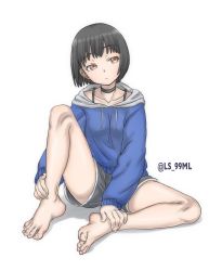 Rule 34 | 1girl, black hair, brown eyes, feet, highres, short hair, shorts, sitting, solo, toes, tsukimaru (ls 99ml), white background