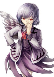 Rule 34 | 1girl, angel wings, bad id, bad pixiv id, bow, breasts, brooch, cowboy shot, dress, finger on nose, grey jacket, hand on own hip, hand on own face, highres, jacket, jewelry, kishin sagume, long sleeves, looking at viewer, ookashippo, purple dress, short dress, short hair, silver hair, simple background, single wing, small breasts, solo, thighs, touhou, white background, wings