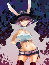 Rule 34 | 1girl, angry, animal ears, asaki takayuki, bandeau, belt, breasts, buredo, cameltoe, cape, choker, cleavage, death bunny, dreadlocks, fingerless gloves, frown, gloves, groin, hand on own hip, hat, hip focus, large breasts, lowleg, middle finger, midriff, navel, pink hair, rabbit, rabbit ears, red eyes, scar, shirt, short hair, short shorts, shorts, skindentation, skull and crossbones, solo, standing, strapless, taut clothes, taut shirt, thighhighs, tube top, wide hips, wrestle! idol, zettai ryouiki