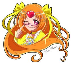 Rule 34 | 10s, 1girl, ;p, bespectacled, blush, bow, brooch, choker, circlet, copyright name, cure muse, cure muse (yellow), earrings, eyelashes, frills, glasses, hair ribbon, heart, highres, jewelry, long hair, magical girl, one eye closed, orange hair, pink-framed eyewear, pointing, precure, red eyes, ribbon, semi-rimless eyewear, shirabe ako, smile, solo, suite precure, tongue, tongue out, touma (halcyon13), under-rim eyewear, wink, yellow bow