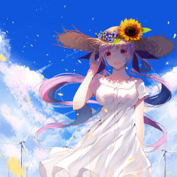 Rule 34 | 1girl, :d, absurdres, blue flower, blue sky, blush, breasts, brown hat, cloud, cloudy sky, collarbone, colored inner hair, commentary, day, dress, flower, hand up, hat, hat flower, highres, hololive, long hair, looking at viewer, medium breasts, minato aqua, multicolored hair, open mouth, orange flower, outdoors, petals, purple eyes, purple hair, re:rin, short sleeves, sky, smile, solo, straw hat, sunflower, twintails, very long hair, virtual youtuber, white dress, wind turbine, windmill