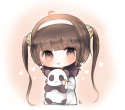 Rule 34 | 1girl, :3, :d, ahoge, azur lane, bad id, bad pixiv id, blush, brown eyes, brown hair, chibi, cottontailtokki, fur-trimmed jacket, fur trim, hairband, hairpods, heart, holding, holding stuffed toy, jacket, long hair, long sleeves, looking at viewer, open mouth, ping hai (azur lane), sidelocks, signature, smile, solo, stuffed animal, stuffed panda, stuffed toy, twintails, upper body, very long hair, white hairband, white jacket