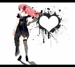 Rule 34 | 1girl, adapted costume, bad tag, asymmetrical clothes, bad id, bad pixiv id, dress, elbow gloves, flower, from behind, gloves, hair flower, hair ornament, hatsuko, high heels, highres, lace, lace gloves, lace legwear, legs, letterboxed, long hair, megurine luka, pink hair, shoes, single elbow glove, single glove, single thighhigh, solo, tattoo, thighhighs, third-party edit, vocaloid