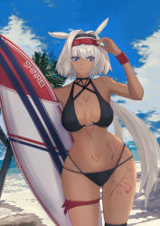 Rule 34 | 1girl, absurdres, animal ears, bare shoulders, beach, bikini, black bikini, blue eyes, blue sky, body markings, breasts, caenis (fate), caenis (swimsuit rider) (fate), caenis (swimsuit rider) (first ascension) (fate), cleavage, collarbone, fate/grand order, fate (series), goggles, haduki fa, hairband, highres, huge filesize, large breasts, long hair, looking at viewer, navel, palm tree, sand, shore, sky, smile, solo, surfboard, swimsuit, thighhighs, thighs, tree, very long hair, white hair