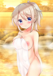 Rule 34 | 1girl, aoyama blue mountain, blue eyes, blurry, blurry background, blush, breasts, closed mouth, collarbone, covered navel, covering privates, depth of field, fence, gochuumon wa usagi desu ka?, groin, hair between eyes, hand up, large breasts, nipples, nude cover, onsen, ponytail, rikatan, sidelocks, smile, solo, steam, towel, water