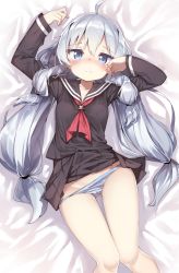 Rule 34 | 1girl, ahoge, arm up, bed sheet, blue eyes, blush, brown sailor collar, brown serafuku, brown shirt, brown skirt, closed mouth, clothes lift, darnell, gluteal fold, hair between eyes, hand up, highres, long hair, long sleeves, looking at viewer, low-tied long hair, lying, neckerchief, nose blush, on back, panties, panty pull, pleated skirt, red neckerchief, sailor collar, school uniform, serafuku, shirt, silver hair, skirt, skirt lift, solo, soulworker, stella unibell, striped clothes, striped panties, underwear, very long hair