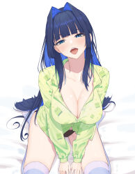 Rule 34 | 1girl, absurdres, bangom r, black panties, blue eyes, blue hair, blunt bangs, blush, breasts, cleavage, colored inner hair, commentary, english commentary, friend (nanashi mumei), green shirt, hair intakes, highres, hololive, hololive english, large breasts, long hair, looking at viewer, mole, mole on breast, multicolored hair, no pants, open mouth, ouro kronii, panties, seiza, shirt, sitting, solo, striped clothes, striped thighhighs, thighhighs, underwear, virtual youtuber