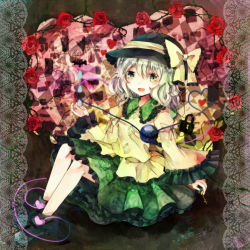 Rule 34 | 1girl, ankle boots, arm up, bad id, bad pixiv id, blouse, boots, bow, checkered background, eyeball, female focus, flower, frills, gradient hair, green eyes, grey background, hat, hat ribbon, heart, heart of string, jaku sono, key, komeiji koishi, lace, lock, long sleeves, looking at viewer, multicolored hair, no socks, open hand, open mouth, red flower, red rose, ribbon, rose, shirt, short hair, sitting, skirt, smile, solo, third eye, thorns, touhou, wide sleeves