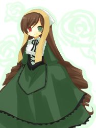 Rule 34 | 00s, 1girl, :o, black ribbon, blush, corset, dress, drill hair, floral background, frilled dress, frills, green dress, green eyes, head scarf, heterochromia, layered dress, long hair, long sleeves, looking at viewer, open mouth, red eyes, ribbon, rozen maiden, solo, standing, suiseiseki, swept bangs, tareme, twin drills, very long hair, yuzuki (yuduame)