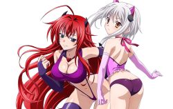 Rule 34 | 10s, 2girls, ass, blue eyes, breasts, bridal gauntlets, crop top, hair ornament, high school dxd, large breasts, long hair, multiple girls, red hair, rias gremory, thong, toujou koneko, white hair, yellow eyes