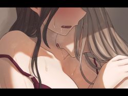 Rule 34 | 2girls, blonde hair, blush, bra, breasts, brown hair, cleavage, close-up, collarbone, commentary request, hand on another&#039;s shoulder, head out of frame, hoshizora no shita, kiss, letterboxed, long hair, multiple girls, kissing neck, open mouth, original, purple bra, saliva, strap slip, sweat, underwear, yuri