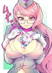Rule 34 | 1girl, between breasts, breasts, choker, creature, eyewear strap, fang, fate/grand order, fate (series), fou (fate), glasses, gloves, hair over one eye, hat, highres, hood, hoodie, koyanskaya (fate), koyanskaya (foreigner) (first ascension) (fate), large breasts, long hair, looking at viewer, midriff, open clothes, open hoodie, pink hair, ribbon, ribbon choker, smile, solo, tamamo (fate), very long hair, white gloves, wisespeak, yellow eyes