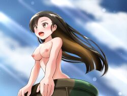 Rule 34 | 1girl, asymmetrical bangs, blush, breasts, brown eyes, brown hair, girls und panzer, highres, large breasts, long hair, military vehicle, motor vehicle, nipples, nishi kinuyo, nude, open mouth, outdoors, solo, tank, zakiwo (rrxn8224)