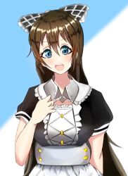 Rule 34 | 1girl, apron, aqua eyes, artist name, artist request, black bow, black dress, blue eyes, blush, bow, breasts, brown hair, buttons, center frills, checkered bow, checkered clothes, collarbone, collared dress, dress, female focus, frilled apron, frilled bow, frills, hair between eyes, half updo, high ponytail, long hair, looking at viewer, love live!, love live! nijigasaki high school idol club, maid, maid apron, medium breasts, osaka shizuku, parted lips, ponytail, puffy short sleeves, puffy sleeves, short sleeves, smile, solo, upper body, white apron, wing collar