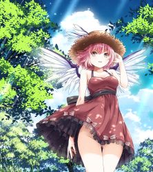 Rule 34 | 1girl, adapted costume, animal ears, bare shoulders, blush, breasts, cleavage, cloud, day, dress, ears through headwear, female focus, from below, hat, highres, light rays, looking at viewer, medium breasts, mikoma sanagi, mystia lorelei, nature, no panties, open mouth, outdoors, pink eyes, pink hair, revision, short hair, sky, solo, sun hat, sunbeam, sunlight, sweat, thigh gap, touhou, tree, wings
