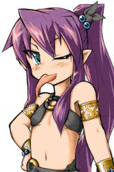Rule 34 | 1girl, :p, ;p, blue eyes, blush, bracelet, charcoal, flat chest, forked tongue, hair bobbles, hair ornament, hair ribbon, highres, hitodama (r-alternative), jewelry, lamia, long hair, long tongue, mon-musu quest!, monster girl, navel, one eye closed, pointy ears, ponytail, purple hair, ribbon, smile, solo, teeny (mon-musu quest!), tongue, tongue out, wink