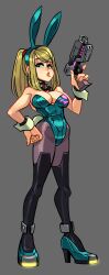 Rule 34 | 1girl, adapted costume, alex ahad, animal ears, blonde hair, breasts, cleavage, detached collar, fake animal ears, fake tail, full body, grey background, gun, hand on own hip, high heels, highres, large breasts, leotard, looking at viewer, medium breasts, metroid, mole, mole under mouth, nintendo, pantyhose, paralyzer, playboy bunny, ponytail, rabbit ears, rabbit tail, samus aran, simple background, solo, strapless, tail, weapon, wrist cuffs