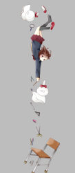 Rule 34 | 1girl, :o, absurdres, black cardigan, black socks, blush, bow, bowtie, brown eyes, brown hair, brown skirt, brown sweater, cardigan, chair, compass (instrument), eraser, falling, grey background, hair ornament, hairclip, heart, highres, kneehighs, long sleeves, magnifying glass, original, outstretched arms, parted lips, pencil, pleated skirt, protractor, red bow, red bowtie, ruler, school uniform, scissors, shoe loss, shoes, unworn shoes, single shoe, skirt, sleeves past wrists, socks, solo, stapler, straightedge, sweater, teruterubouzu, tsukiyo (skymint), upside-down, uwabaki
