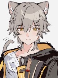 Rule 34 | 1boy, animal ear fluff, animal ears, black jacket, caelus (honkai: star rail), cat ears, cat tail, closed mouth, collarbone, grey hair, hair between eyes, honkai: star rail, honkai (series), hood, hooded jacket, jacket, kemonomimi mode, long sleeves, looking at viewer, male focus, ono 987673, open clothes, open jacket, shirt, short hair, simple background, smile, solo, t-shirt, tail, trailblazer (honkai: star rail), two-sided fabric, two-sided jacket, white background, white shirt, yellow eyes, yellow jacket
