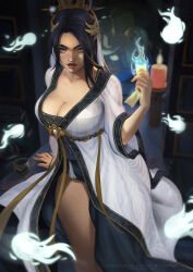 Rule 34 | 1girl, black hair, blurry, blurry background, breasts, brown eyes, chain, cleavage, commission, eva solo, headdress, highres, hitodama, large breasts, lips, long hair, looking at viewer, obi, ofuda, original, parted lips, sash, see-through, solo