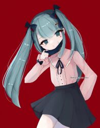 Rule 34 | 1girl, :d, absurdres, artist name, black skirt, blue eyes, blue hair, bow, commentary, earrings, fangs, hair bow, hair ornament, hairclip, hatsune miku, heart, heart hair ornament, highres, jewelry, jirai kei, looking at viewer, mask, mask pull, mouth mask, open mouth, piercing, pink shirt, red background, ribbon, ring, shirt, simple background, skellychan, skirt, smile, solo, twintails, vampire (vocaloid), vocaloid