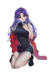 Rule 34 | 1girl, absurdres, bare arms, bare shoulders, black dress, black eyes, black footwear, breasts, closed mouth, commentary request, cross, cross necklace, dress, full body, green socks, hand up, highres, holding, jacket, jewelry, katsuragi misato, koi han, long hair, medium breasts, necklace, neon genesis evangelion, off shoulder, open clothes, open jacket, parted bangs, purple hair, red jacket, shoes, short dress, simple background, sleeveless, sleeveless dress, socks, solo, white background
