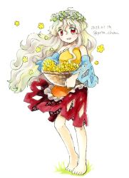 Rule 34 | 1girl, barefoot, basket, blue sleeves, blush, commentary request, dated, detached sleeves, diamond cutout, flower, full body, grass, head wreath, holding, holding basket, long hair, looking at viewer, one-hour drawing challenge, open mouth, proton, red eyes, red skirt, sakata nemuno, shirt, simple background, single strap, skirt, sleeveless, sleeveless shirt, smile, solo, standing, touhou, twitter username, very long hair, wavy hair, white background, white flower, white hair, yellow flower, yellow shirt