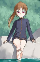 Rule 34 | 1girl, bare legs, barefoot, female focus, jacket, long sleeves, naked jacket, nature, outdoors, plant, saki (manga), solo, takakamo shizuno, track jacket