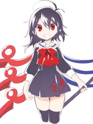 Rule 34 | 1girl, ahoge, akagashi hagane, asymmetrical wings, black dress, black hair, black thighhighs, clenched teeth, cropped legs, dress, grin, holding, holding weapon, houjuu nue, looking at viewer, pointy ears, polearm, red eyes, short dress, simple background, sketch, smile, solo, standing, teeth, thighhighs, touhou, weapon, white background, wings, zettai ryouiki